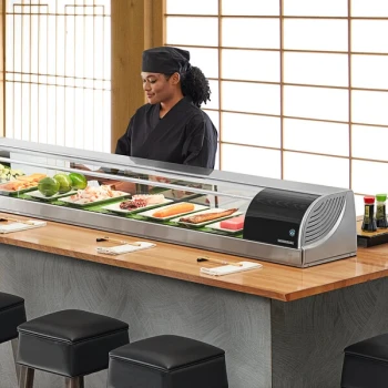 Hoshizaki HNC-210BA-R-SLH Curved Glass Refrigerated Sushi Display Case 83" - Right Side Compressor