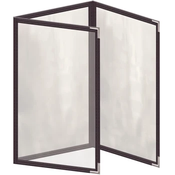 H. Risch, Inc. TET Deluxe Sewn 5 1/2" x 8 1/2" Brown 6 View Foldout Vinyl Menu Cover With Silver Smooth Corners and Gloss Finish