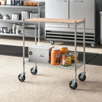 Regency 18" x 41 3/4" Two Shelf Chrome Utility Cart with U-Shaped Handle and Wooden Shelf Insert
