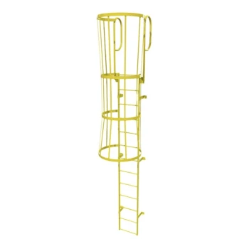 Tri-Arc 13-Rung Yellow Steel Fixed Ladder with Safety Cage and Walk-Thru Guardrails WLFC1213-Y - 350 lb. Capacity