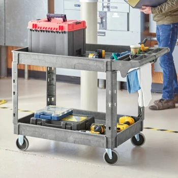 Lavex Large Gray 2-Shelf Utility Cart with Premium Handle and Built-In Tool Compartments - 46 3/4" x 25 1/2" x 33 1/2"