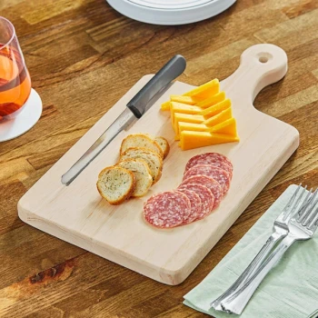 Choice 9 1/2" x 7 1/2" Wooden Serving / Cutting Board with Knife Slot and 4" Handle