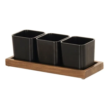 Cal-Mil Sydney 12 3/4" x 5" x 4 1/2" Walnut Condiment Organizer with 3 Black Square Melamine Jars