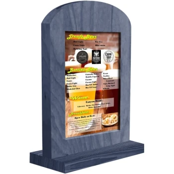 Menu Solutions WTARCH-B 5" x 7" Denim Arched Wood Menu Tent with Straight Base