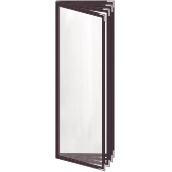 H. Risch, Inc. TEDD Deluxe Sewn 4 1/4" x 14" Brown 8 View Menu Cover with Silver Smooth Corners and Gloss Finish