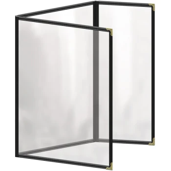 H. Risch, Inc. TEDQ Deluxe Sewn 8 1/2" x 11" Black 6 View Menu Cover with Gold Decorative Corners and Glossy Finish