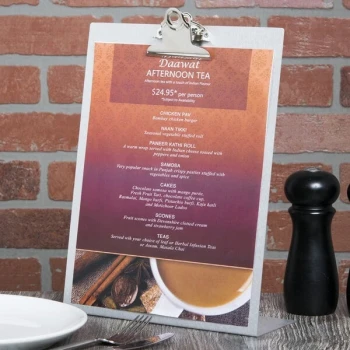 Menu Solutions MTCL-811 Alumitique Aluminum Menu Tent with Clip - Brushed Finish - 8 1/2" x 11"