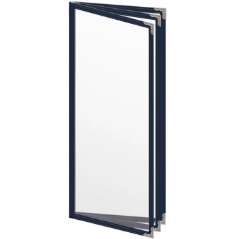 H. Risch, Inc. TETB Deluxe Sewn 4 1/4" x 11" Blue 6 View Vinyl Menu Cover with Silver Decorative Corners and Matte Finish