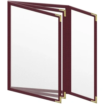 H. Risch, Inc. TETBQ Deluxe Sewn 5 1/2" x 8 1/2" Maroon 8 View Vinyl Menu Cover with Gold Smooth Corners and Matte Finish