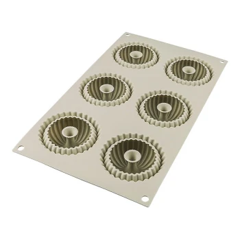 Silikomart 3Design Mini Raggio 13 1/4 inch x 7 1/8 inch Silicone Donut / Mousse Baking Mold with (6) 2 11/16 inch x 1 5/16 inch Ridged Cavities MINIRAGGIO