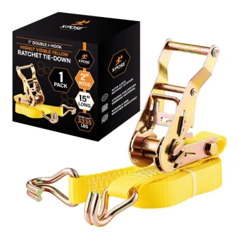 Xpose Safety 2" x 15' Yellow Heavy-Duty Ratcheting Tie Down Straps with Double J-Hooks RTD215-DJH-1-X