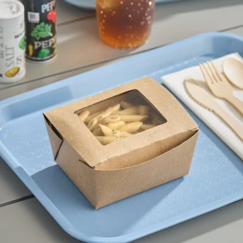 Fold-Pak Bio-Plus View #1 4 3/8" x 3 1/2" x 2 1/2" Kraft Microwavable Folded Poly-Lined Paperboard Take-Out Container with Window - 360/Case