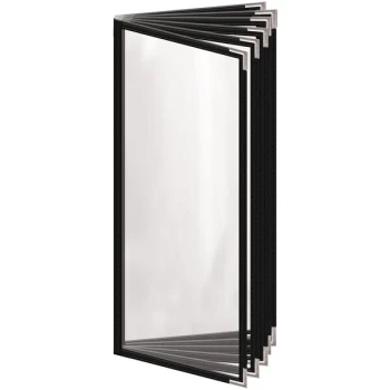 H. Risch, Inc. TE-12V Deluxe Sewn 4 1/4" x 11" Black 12 View Vinyl Menu Cover with Silver Smooth Corners and Gloss Finish