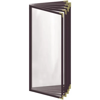 H. Risch, Inc. TE-12V Deluxe Sewn 4 1/4" x 11" Brown 12 View Vinyl Menu Cover with Gold Decorative Corners and Gloss Finish