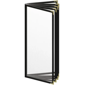 H. Risch, Inc. TE-10V Deluxe Sewn 4 1/4" x 11" Black 10 View Vinyl Menu Cover with Gold Decorative Corners and Matte Finish