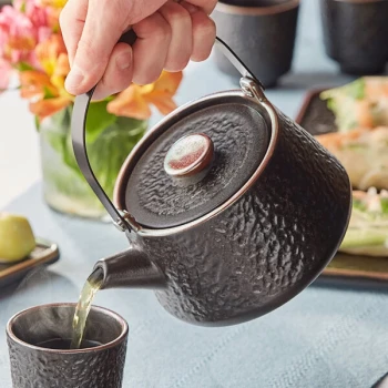Acopa Heika 24 oz. Black Matte Textured Stoneware Teapot with Lid