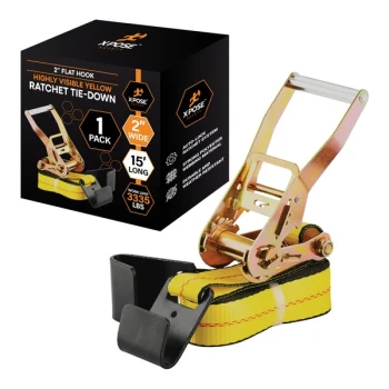 Xpose Safety 2" x 15' Yellow Heavy-Duty Ratcheting Tie Down Straps with Flat Hooks RTD215-FH-1-X
