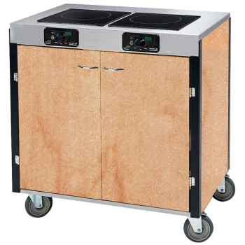 Lakeside 2075HRM Creation Express™ Mobile Cooking Cart with 2 Induction Burners, 1 Filtration Unit, and Hard Rock Maple Laminate Finish - 22" x 34" x 40 1/2"
