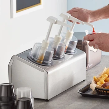 Steril-Sil 30 oz. 3-Compartment Stainless Steel Condiment Dispenser Kit with Gray Cylinders and Dome Top Pump Lids