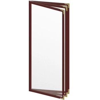 H. Risch, Inc. TETB Deluxe Sewn 4 1/4" x 11" Maroon 6 View Vinyl Menu Cover with Gold Decorative Corners and Matte Finish