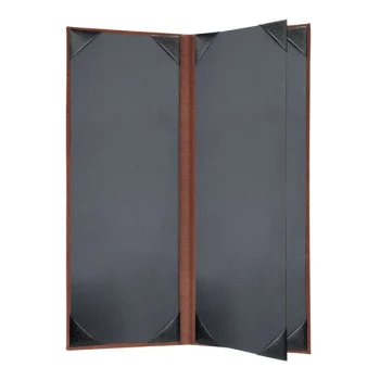 H. Risch, Inc. 4 1/4" x 11" Brown Tuxedo Leather Customizable 4 View Menu Cover with Picture Corners