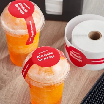 Choice TamperSafe 2 1/4" x 9" Alcoholic Beverage Red Paper Open Dome Lid Tamper-Evident Drink Label with Band - 250/Roll