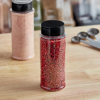 12 oz. Round Plastic Spice Container and 53/485 Black Induction-Lined Dual Flapper Lid with 7 Holes - 170/Case