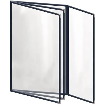 H. Risch, Inc. TETBQ Deluxe Sewn 8 1/2" x 14" Blue 8 View Vinyl Menu Cover with Silver Decorative Corners and Gloss Finish