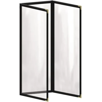 H. Risch, Inc. TET Deluxe Sewn 4 1/4" x 14" Black 6 View Foldout Vinyl Menu Cover With Gold Decorative Corners and Gloss Finish