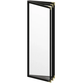 H. Risch, Inc. TETB Deluxe Sewn 4 1/4" x 14" Black 6 View Vinyl Menu Cover with Gold Decorative Corners and Matte Finish