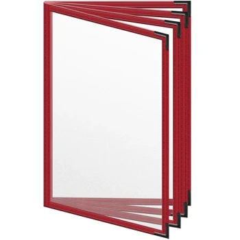 H. Risch, Inc. TEDD Deluxe Sewn 5 1/2" x 8 1/2" Red 8 View Menu Cover with Black Smooth Corners and Matte Finish