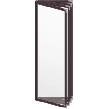 H. Risch, Inc. TEDD Deluxe Sewn 4 1/4" x 14" Brown 8 View Menu Cover with Silver Decorative Corners and Matte Finish