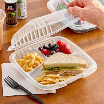 Dart 9" x 9" x 3" Microwavable 3-Compartment Clear Hinged Plastic Take-Out Container - 150/Case