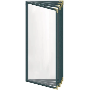 H. Risch, Inc. TEDD Deluxe Sewn 4 1/4" x 11" Green 8 View Menu Cover with Gold Decorative Corners and Gloss Finish