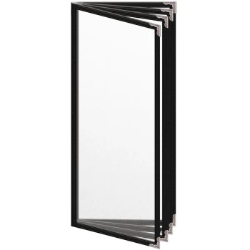 H. Risch, Inc. TEDD Deluxe Sewn 4 1/4" x 11" Black 8 View Menu Cover with Silver Decorative Corners and Matte Finish