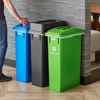 Lavex 69 Gallon 3-Stream Slim Rectangular Trash / Recycle / Compost Station with Black Drop Shot Lid, Green Flat Lid, and Blue Can / Bottle Lid
