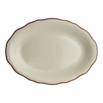 Homer Laughlin from Steelite International Styleline Maroon 12 5/8" x 9 3/4" Oval Scalloped China Platter - 12/Case