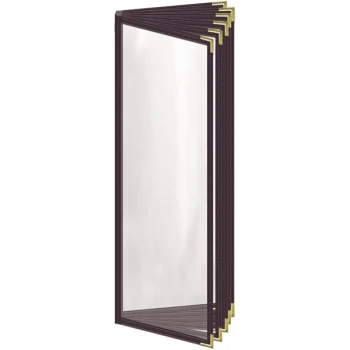 H. Risch, Inc. TE-12V Deluxe Sewn 4 1/4" x 14" Brown 12 View Vinyl Menu Cover with Gold Smooth Corners and Gloss Finish