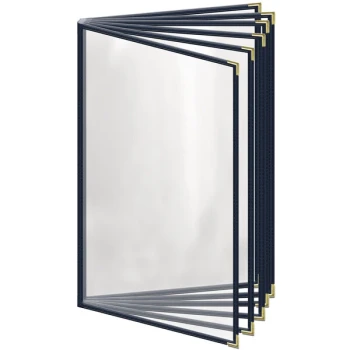 H. Risch, Inc. TE-12V Deluxe Sewn 8 1/2" x 14" Blue 12 View Vinyl Menu Cover with Gold Smooth Corners and Gloss Finish