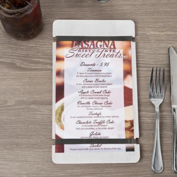Menu Solutions WDRBB-A White Wash 5 1/2" x 8 1/2" Customizable Wood Menu Board with Rubber Band Straps