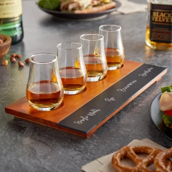 Acopa Write-On Flight Tray with Whiskey Tasting Glasses - 3/Set
