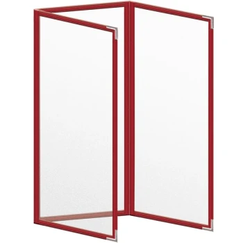 H. Risch, Inc. TET Deluxe Sewn 4 1/4" x 11" Red 6 View Foldout Vinyl Menu Cover With Silver Smooth Corners and Matte Finish