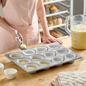 Baker's Lane 12 cup 8.2 oz. Glazed Aluminized Steel Pecan Roll / Jumbo Muffin Pan - 13 1/2 inch x 18 inch