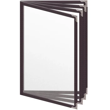 H. Risch, Inc. TEDD Deluxe Sewn 5 1/2" x 8 1/2" Brown 8 View Menu Cover with Silver Decorative Corners and Matte Finish