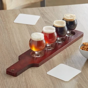 Acopa Mahogany Finish Drop-In Flight Paddle with Belgian Tasting Glasses - 3/Set
