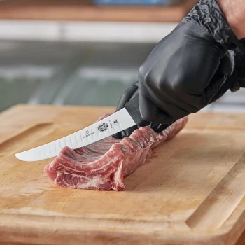 Victorinox 6" Granton Edge Wide Stiff Curved Boning Knife with Black Fibrox Handle 5.6523.15