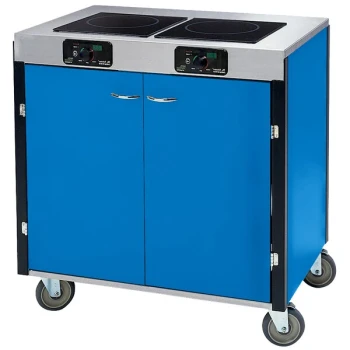 Lakeside 2075BL Creation Express™ Mobile Cooking Cart with 2 Induction Burners, 1 Filtration Unit, and Royal Blue Laminate Finish - 22" x 34" x 40 1/2"