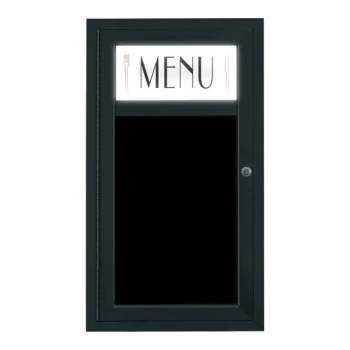 United Visual Products 18" x 32" Black Single Door Enclosed Magnetic Menu Board with Illuminated Header