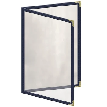 H. Risch, Inc. TED Deluxe Sewn 5 1/2" x 8 1/2" Blue 4 View Menu Cover with Gold Decorative Corners and Gloss Finish