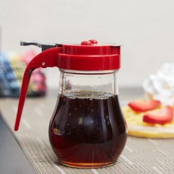 TableCraft 406RE 6 oz. Glass Teardrop Syrup Dispenser with Red ABS Top - 12/Pack
